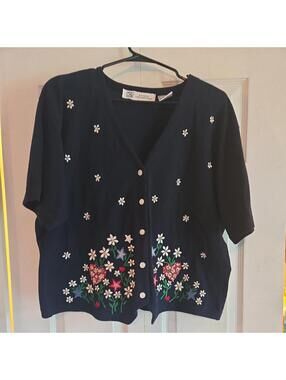 Vtg Studio Collection Cardigan Grandma Core Short Sleeve Embroidery Beads Floral